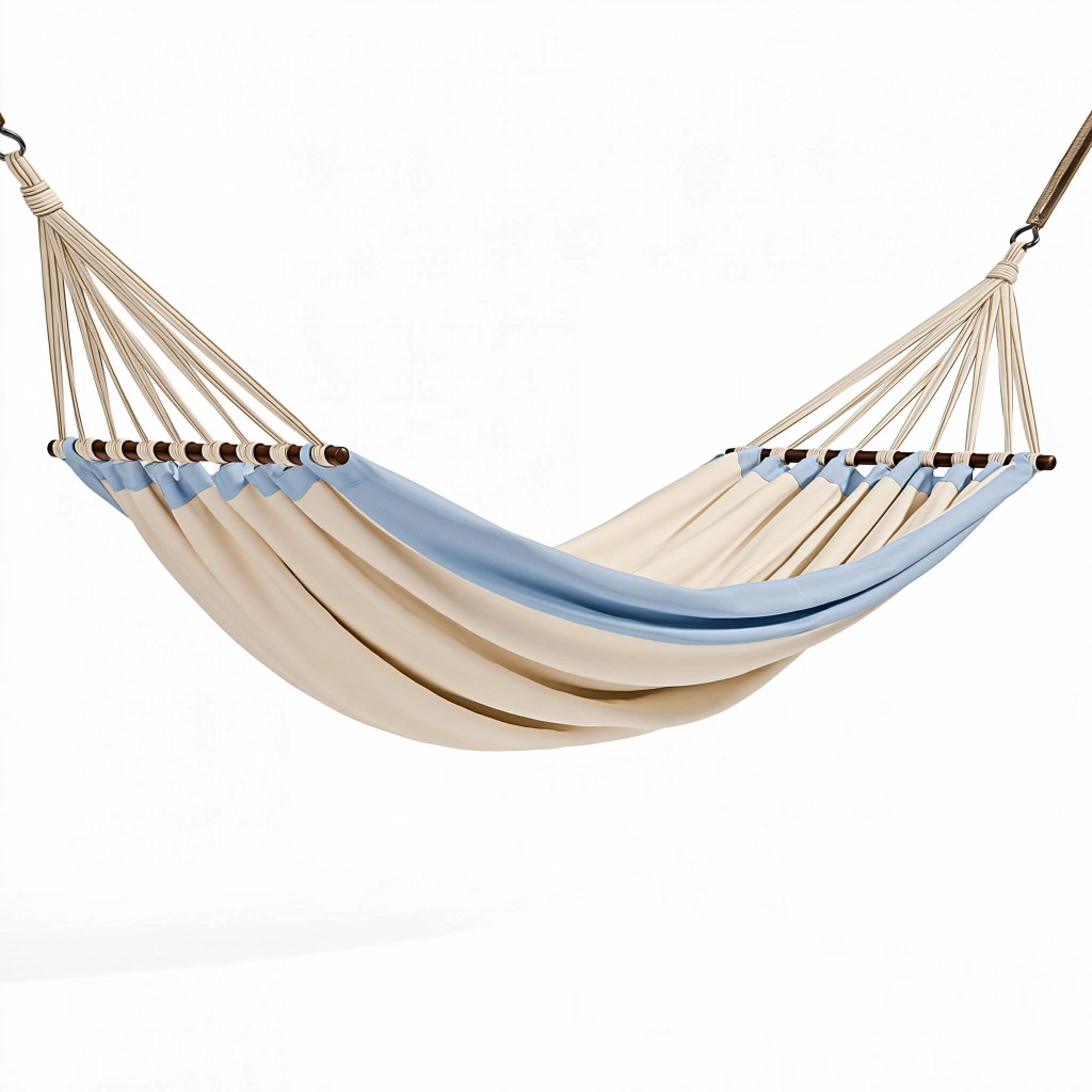 Amaca 300 x 100 cm in tessuto beige e azzurro con barre in legno per giardino
