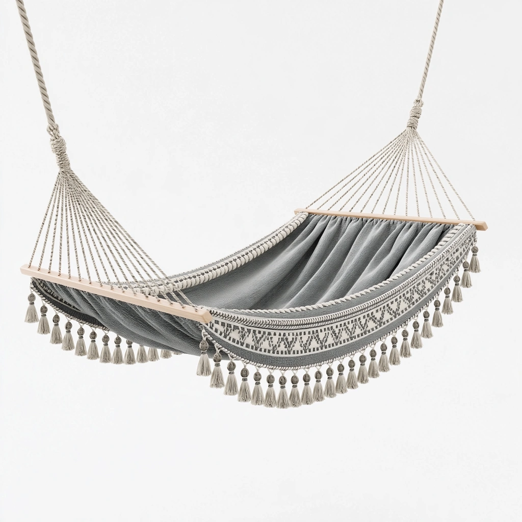 Amaca 200 x 100 cm in tessuto grigio ecrù con barre in legno stile boho