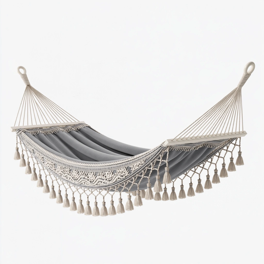 Amaca 300 x 100 cm in tessuto intrecciato grigio e beige con frange stile boho