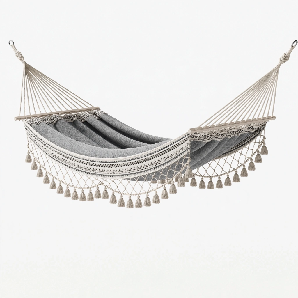 Amaca 300 x 100 cm in tessuto intrecciato grigio con frange - stile boho per interno ed esterno