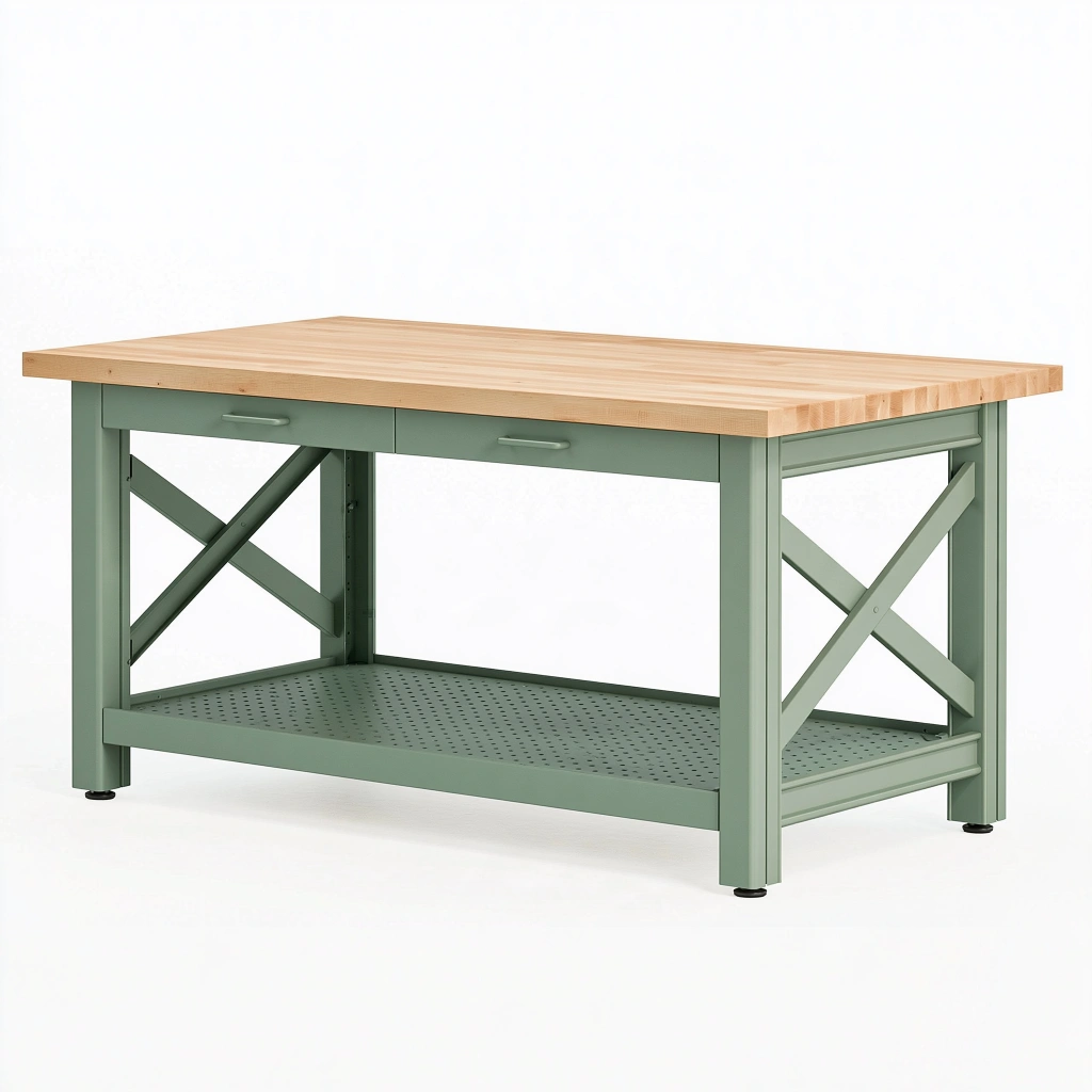 Banco da lavoro 152 x 61 x 91 cm in legno e acciaio verde con cassetti stile industriale