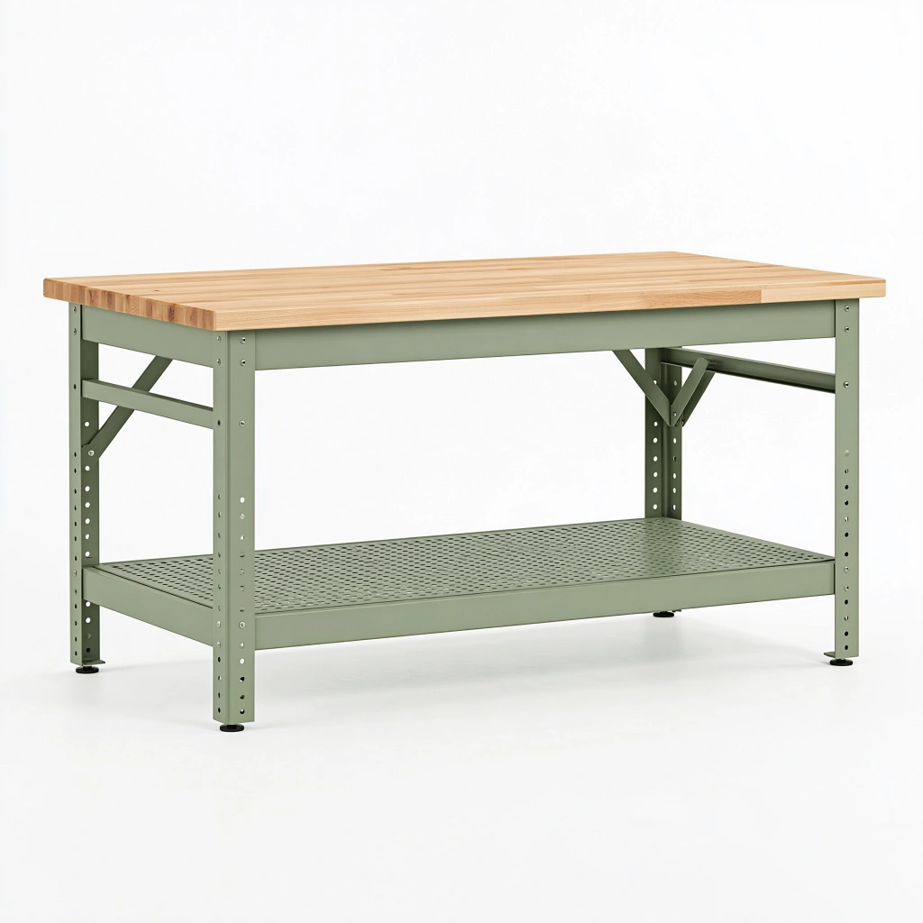 Banco da lavoro 120 x 60 x 90 cm in acciaio e legno verde con ripiano inferiore