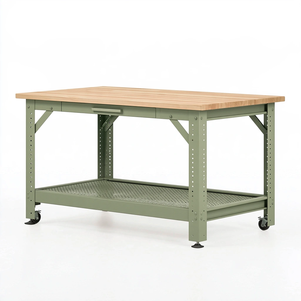 Banco da lavoro 152 x 76 x 91 cm in legno e acciaio verde con ruote e ripiano inferiore