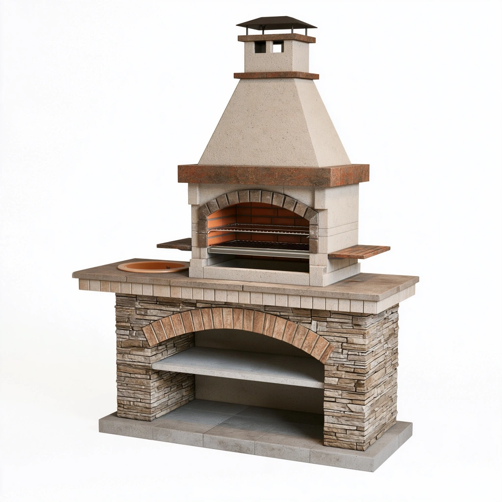 Barbecue da giardino 180 x 90 x 250 cm in pietra beige con forno a legna e griglia in acciaio