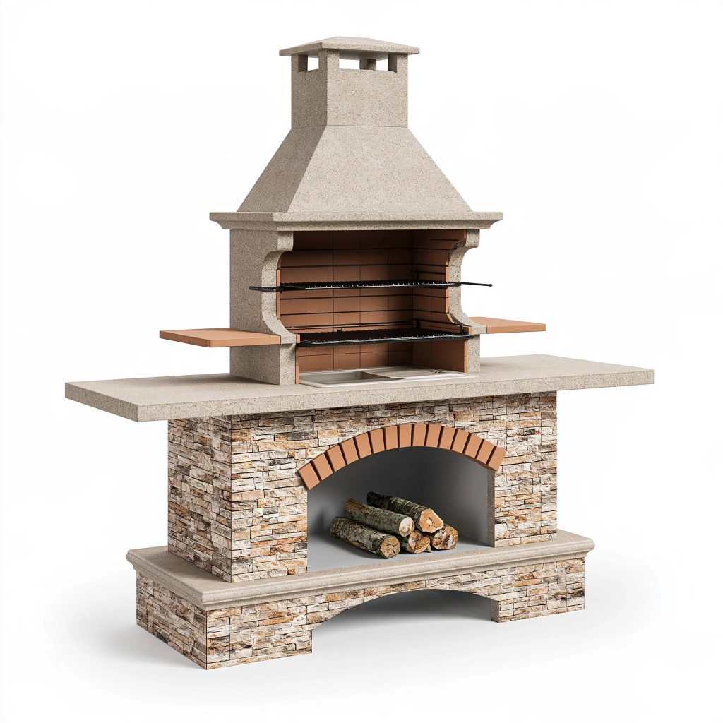 Barbecue da giardino 200 x 80 x 220 cm in pietra beige con griglia e cappa per cottura a legna