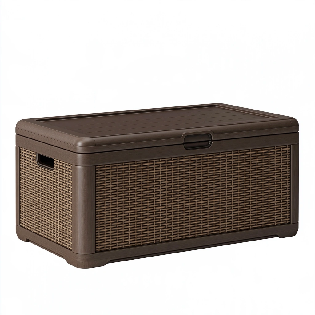 Cassapanca contenitore 120 x 55 x 60 cm in resina marrone effetto rattan con coperchio per esterni