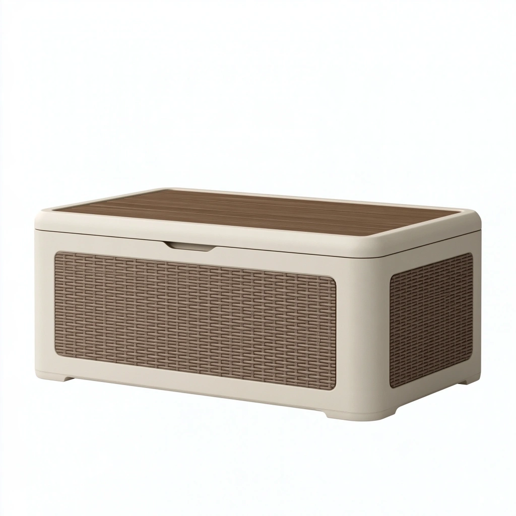 Baule contenitore 100 x 50 x 50 cm in resina beige/marrone con coperchio effetto legno