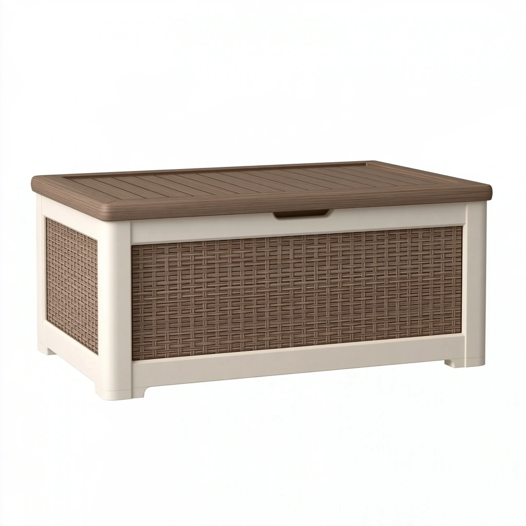 Cassapanca contenitore 120 x 55 x 60 cm in resina beige e marrone - stile intrecciato per interno ed esterno