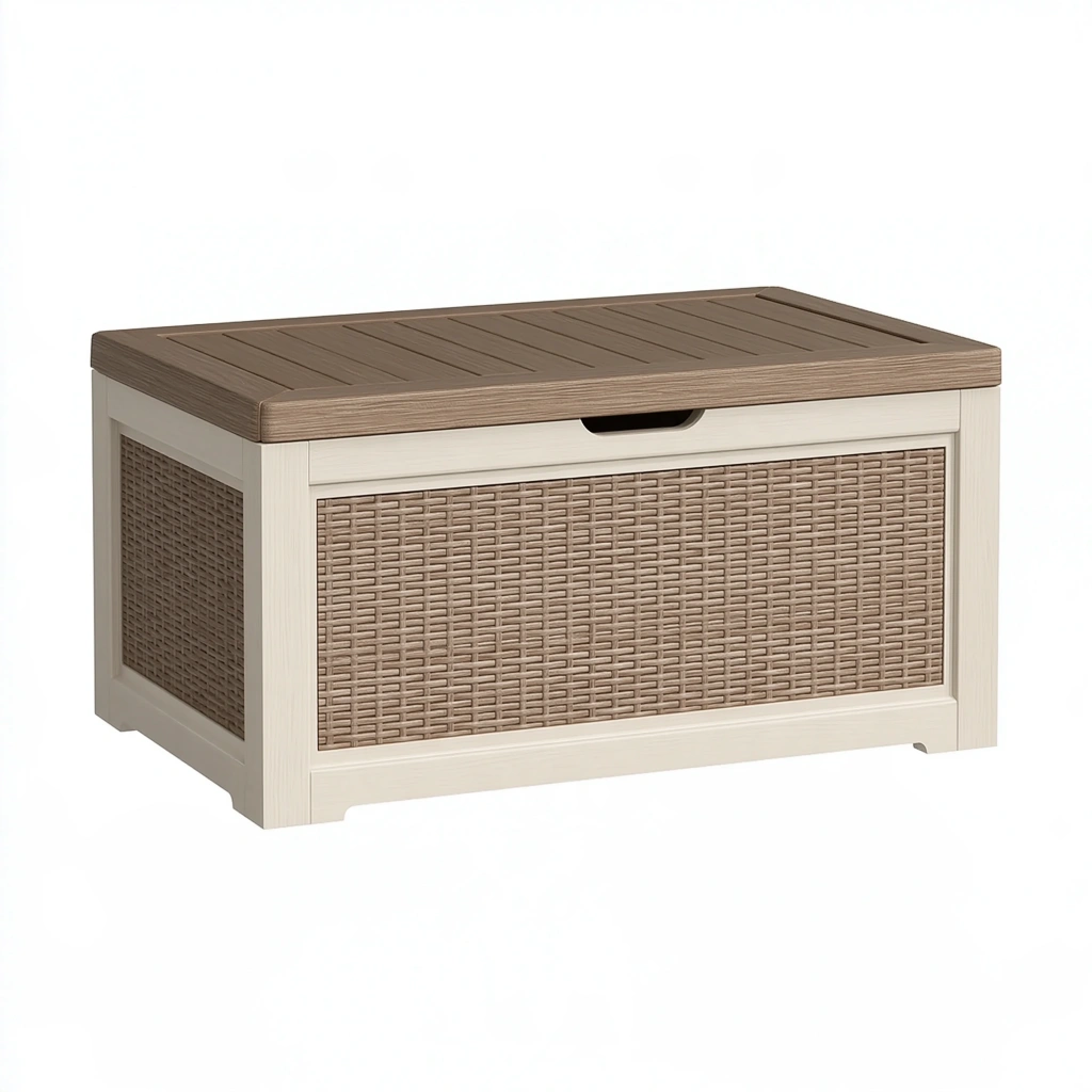 Cassapanca contenitore 100 x 50 x 50 cm in plastica beige/marrone con pannelli effetto rattan