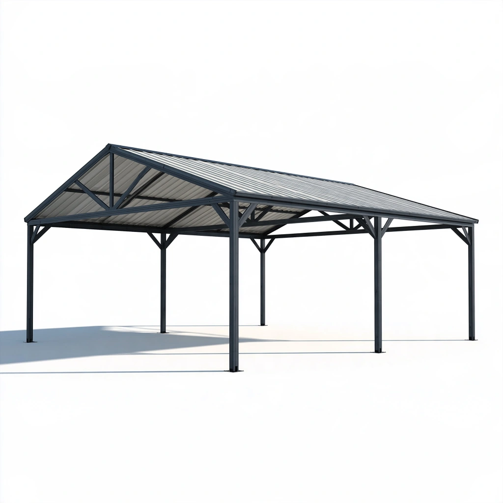 Tettoia autoportante 600 x 500 x 300 cm in acciaio grigio antracite per esterni con tetto a due falde