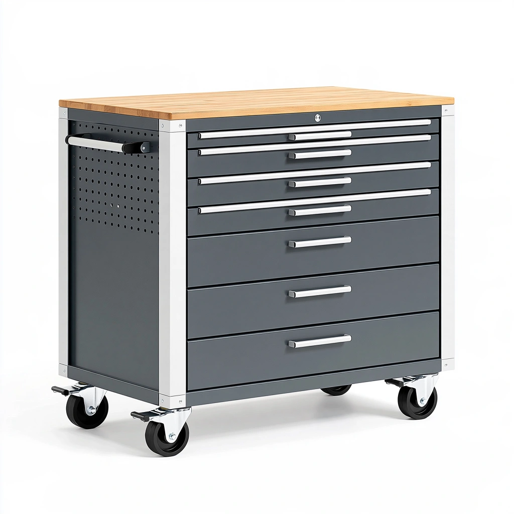 Cassettiera da officina 120 x 60 x 90 cm in metallo grigio con piano in bambù e ruote