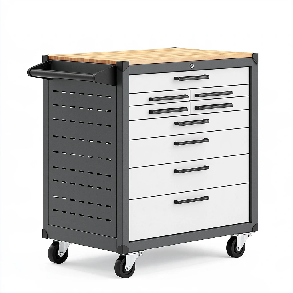 Carrello portautensili 77 x 46 x 90 cm in acciaio nero e bianco con piano in legno e 7 cassetti