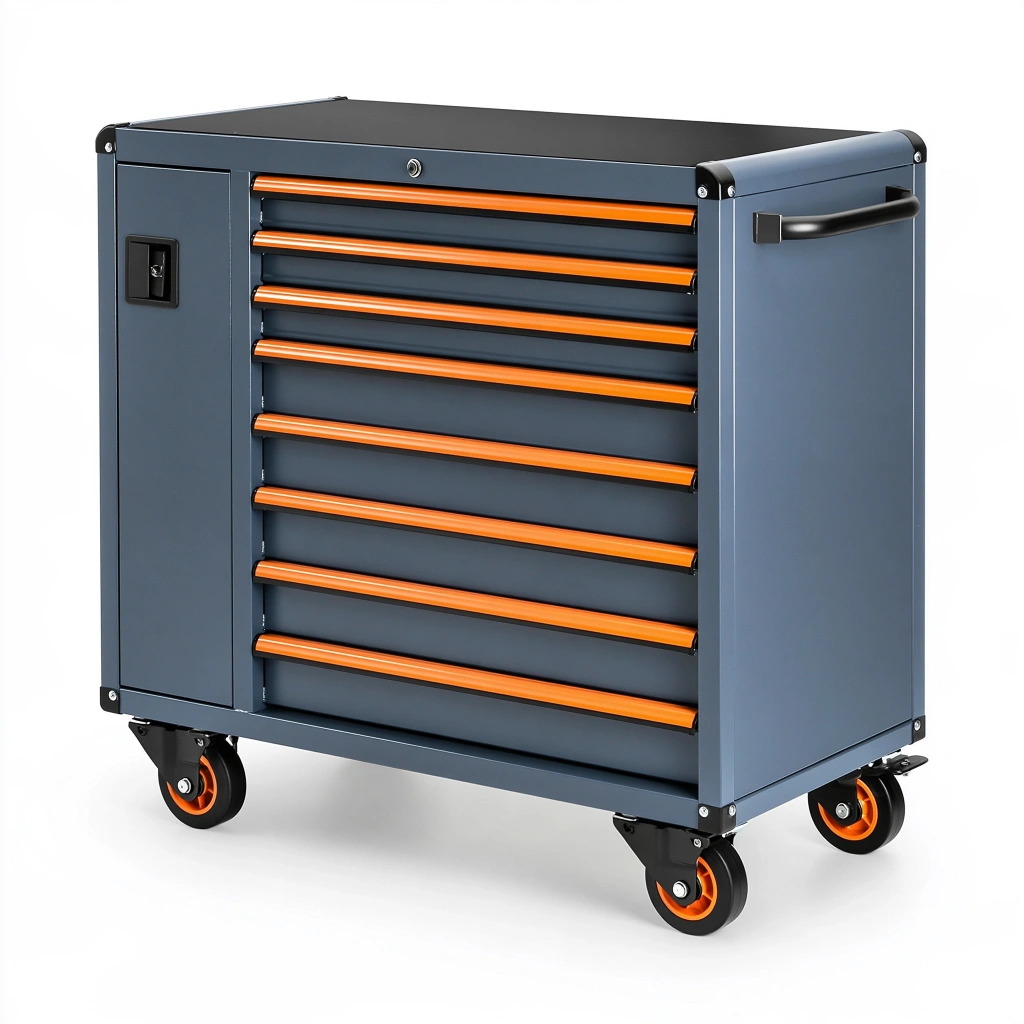 Carrello portautensili 85 x 46 x 98 cm in acciaio blu arancione con 8 cassetti e vano chiuso