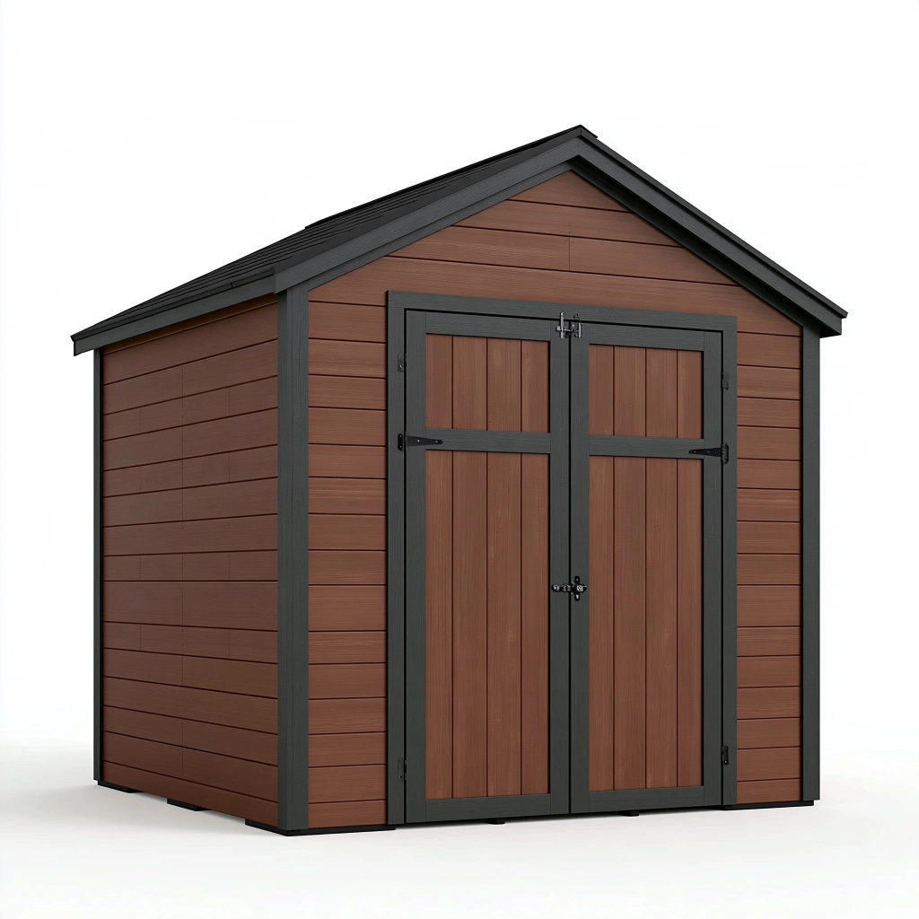 Casetta da giardino 200 x 150 x 200 cm in resina marrone e nero effetto legno con doppia porta