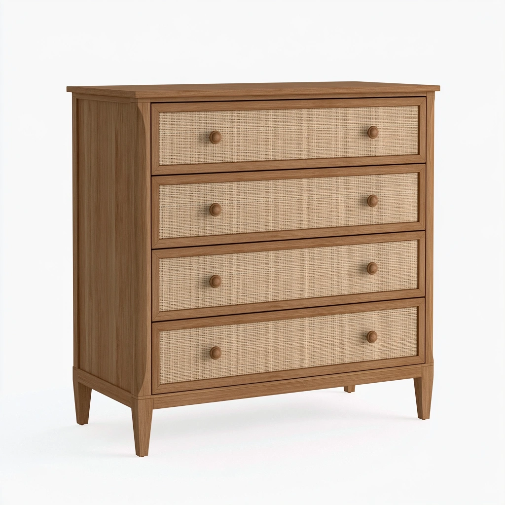 Cassettiera 90 x 45 x 100 cm in legno marrone con frontali intrecciati - 4 cassetti stile naturale