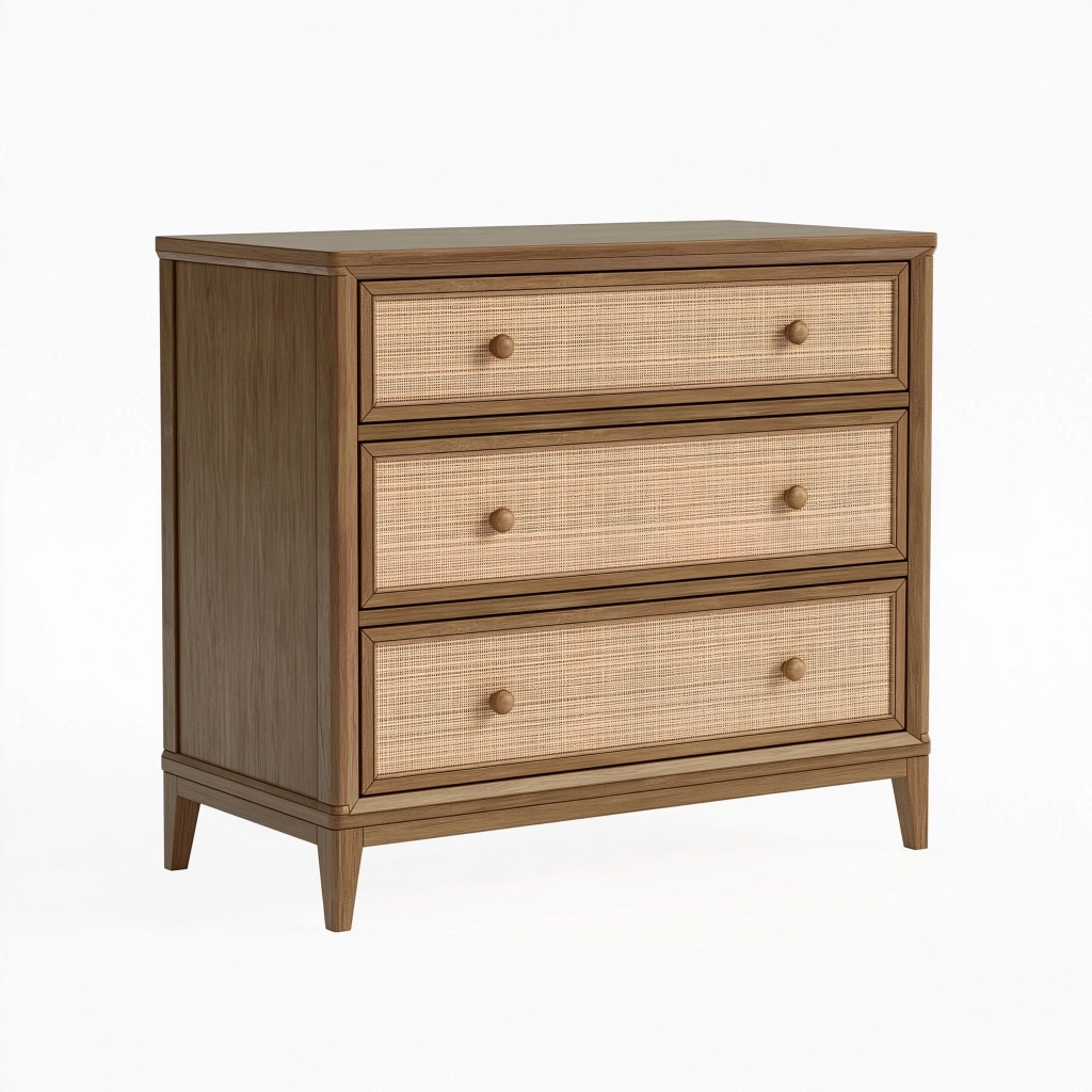Cassettiera 90 x 45 x 100 cm in legno marrone con 3 cassetti in rattan stile naturale