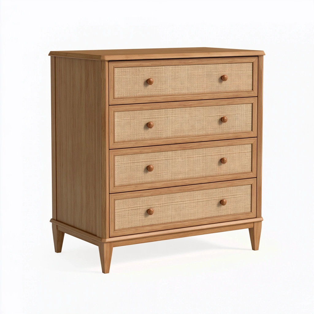Cassettiera 90 x 45 x 110 cm in legno marrone con quattro cassetti in rattan stile naturale
